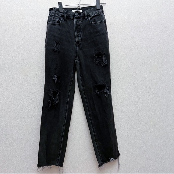 Pacsun High Rise Straight Leg Button Fly Distressed Black Raw Hem Jeans Size 25 - Picture 10 of 11